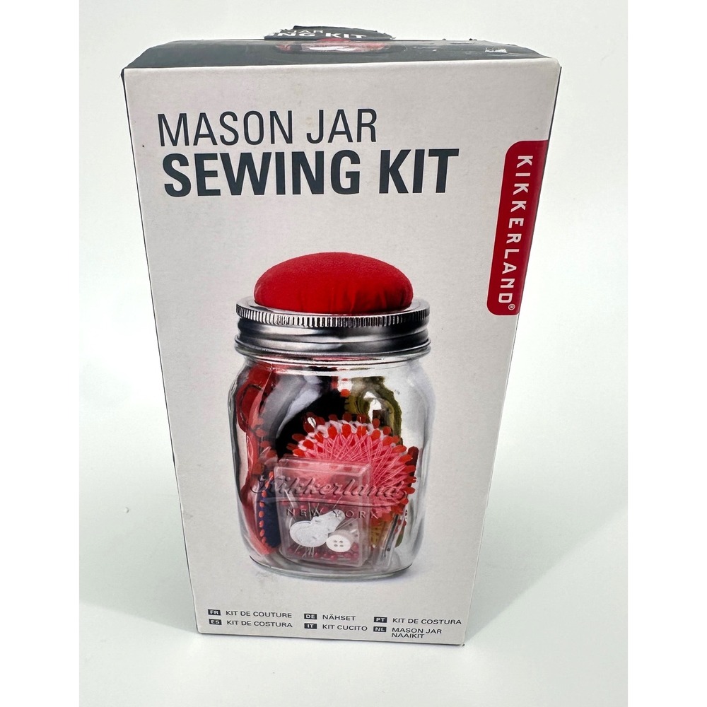 NEW Kikkerland Mason Jar Sewing Kit Red Pin Cushion Lid Glass Jar with Supplies